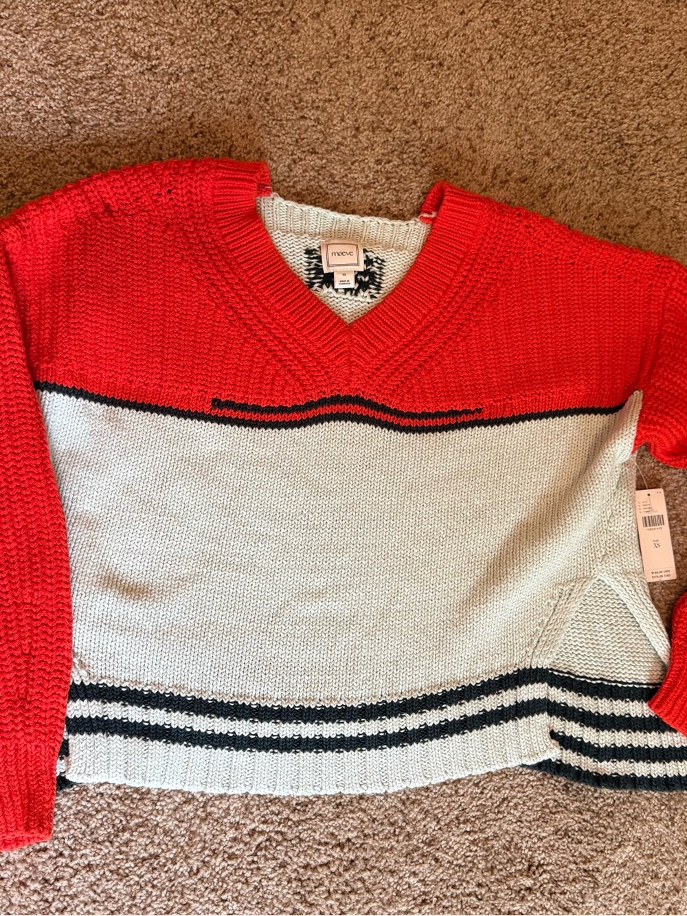 Maeve Red & Baby Blue, V-Neck Colorblock Sweater with Navy Trim